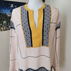 Tory Birch Silk Geometric Long Sleeve Top in Blush and Mustard Tunic Size Medium